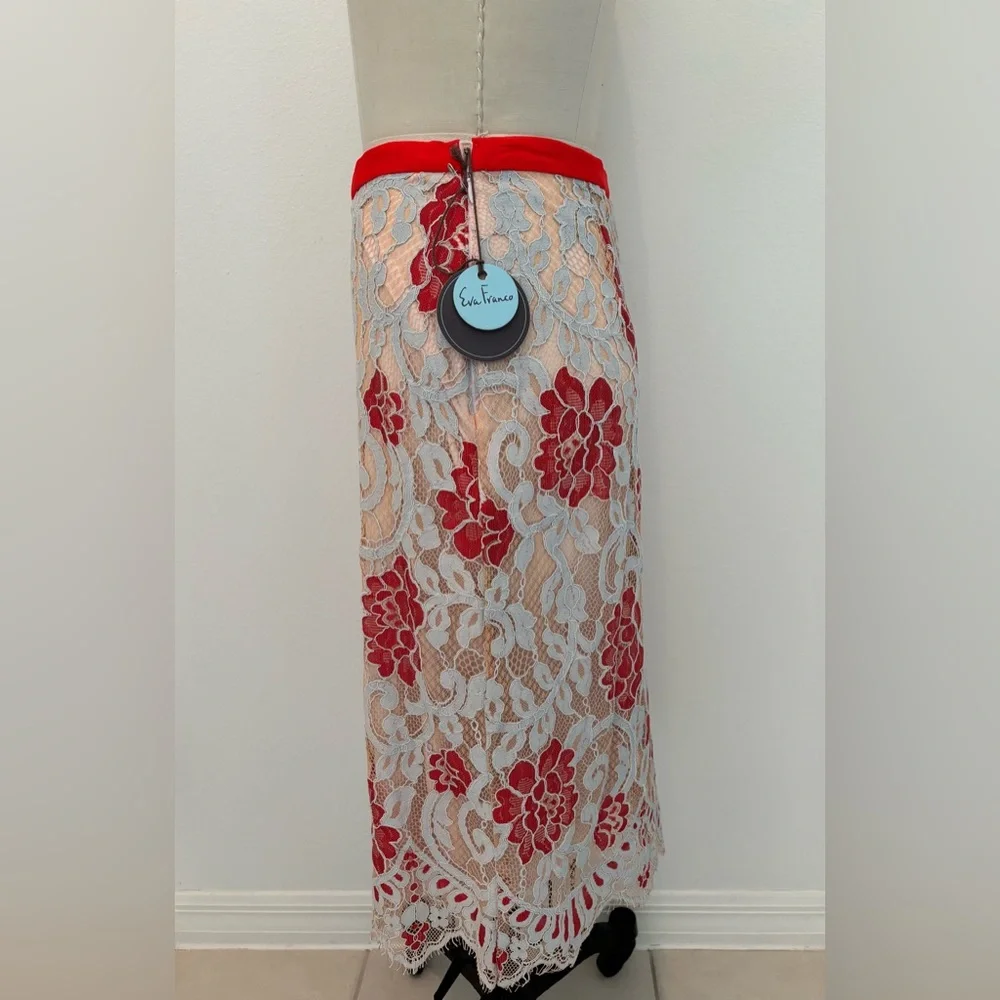 Eva Franco Lace Top & Skirt Set NWT 2 Pcs Persimmon Blue & Pale Pink Size 8